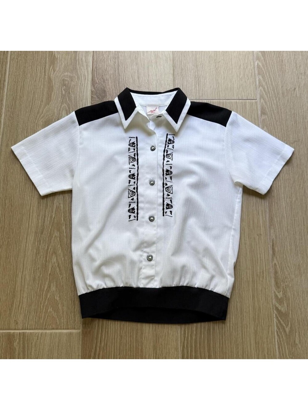 Graff Petite Short Sleeve Button Up White & Black Shirt Blouse Size 14 Vintage